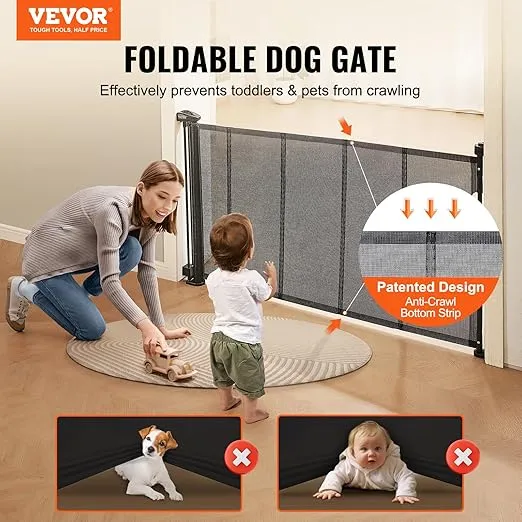 VEVOR Retractable Baby Gates for Stairs, Extends up to 60" Wide, Mesh Dog Gate for The House, 34" Tall Child Safety Gates for Doorways, Hallways, Wide Pet Gate, Cat Gate Indoor & Outdoor, Black