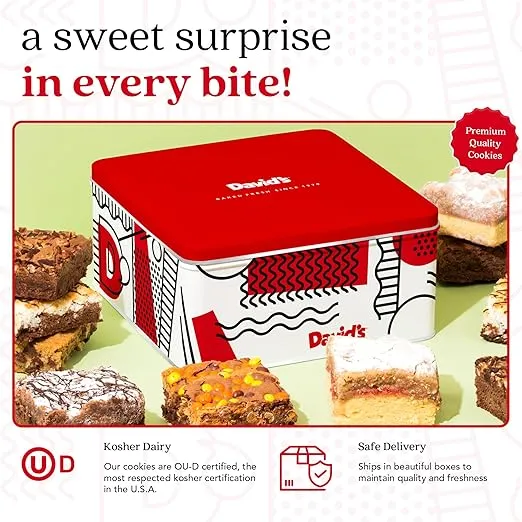 David's Cookies Assorted Brownies & Crumb Cake Gift Tin 3Lbs - Delicious, Fresh Baked Snacks, Gourmet Chocolate Fudge Slices, Brownies Gift Basket - Ideal Gift for Superbowl & Other Special Occasions