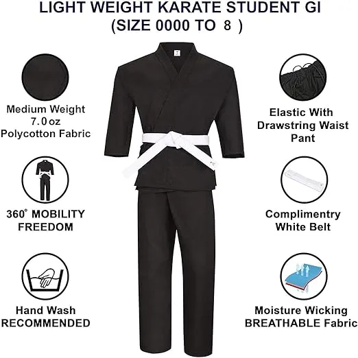 TMA Martial Arts Karate Elastic Drawstring Uniform 7oz for Kids & Adult Lightweight Student Gi with Free Belt