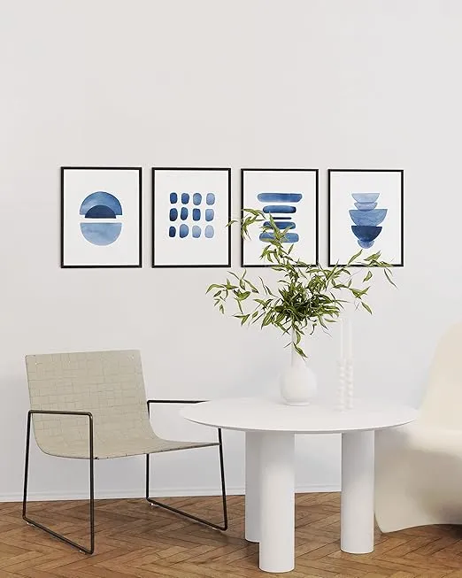 HAUS AND HUES Abstract Blue Art - Set of 4 Abstract Art Wall Decor for Living Room, Watercolor Prints Wall Art, Navy Blue Wall Art (Black Frame, 11x14)