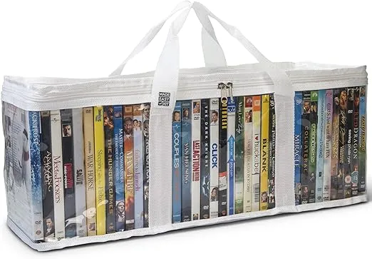Made Easy Kit DVD Storage Bag - Clear PVC Organizer,Triple-Stitched Handles, Dividers - Stackable, Space-Saving, Fits 40 DVD Cases - Container for Movie Discs, Video Games, VHS Tapes (White)
