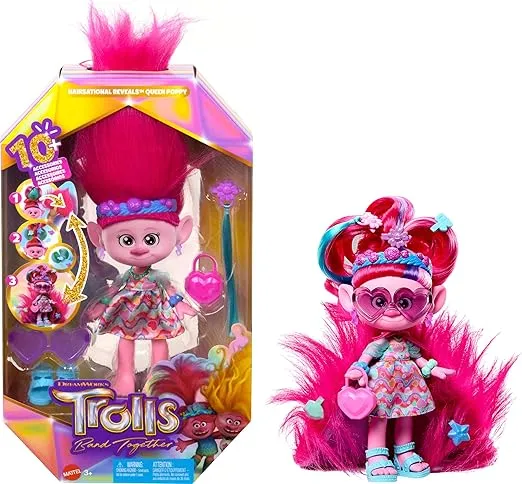 Mattel DreamWorks Trolls Band Together Fashion Doll & 10+ Accessories, Hairsational Reveals Queen Poppy with Transforming Hair Piece