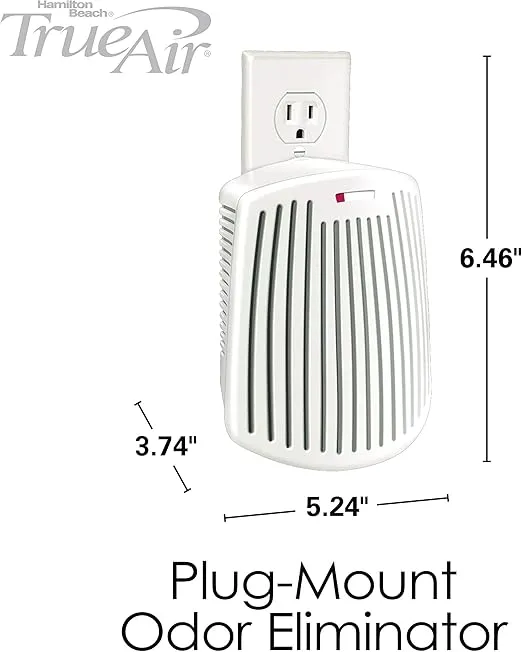 Hamilton Beach TrueAir Plug-Mount Air Freshener Odor Eliminator for Common Household-Tobacco, Pet, Bathroom & Trash, On/Off Fan, with Carbon Filter, White