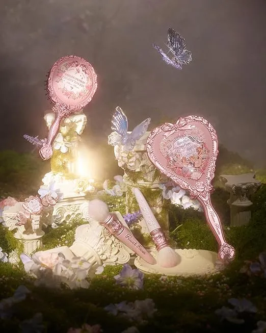 Flower Knows Midsummer Fairytales Handheld Mirror,Portable Vintage Mirror,Durable Metal Mirror,Cute & Aesthetic Princess Mirror,with Long Handle for Easy Holding,Gift for Girls(Milky Pink)