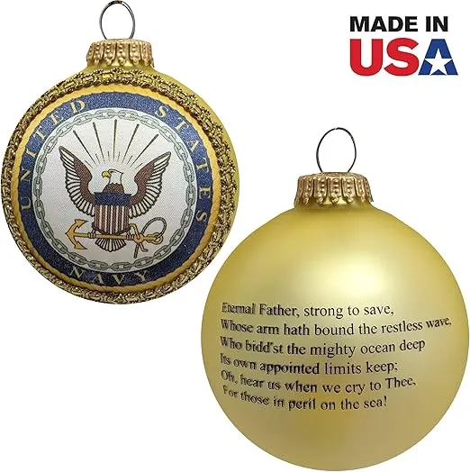Christmas Tree Ornaments Made in The USA - 80mm / 3.25" Decorated Collectible Glass Balls from Christmas by Krebs - Handmade Hanging Holiday Decorations for Trees (Navy Emblem and Hymn, Silk)