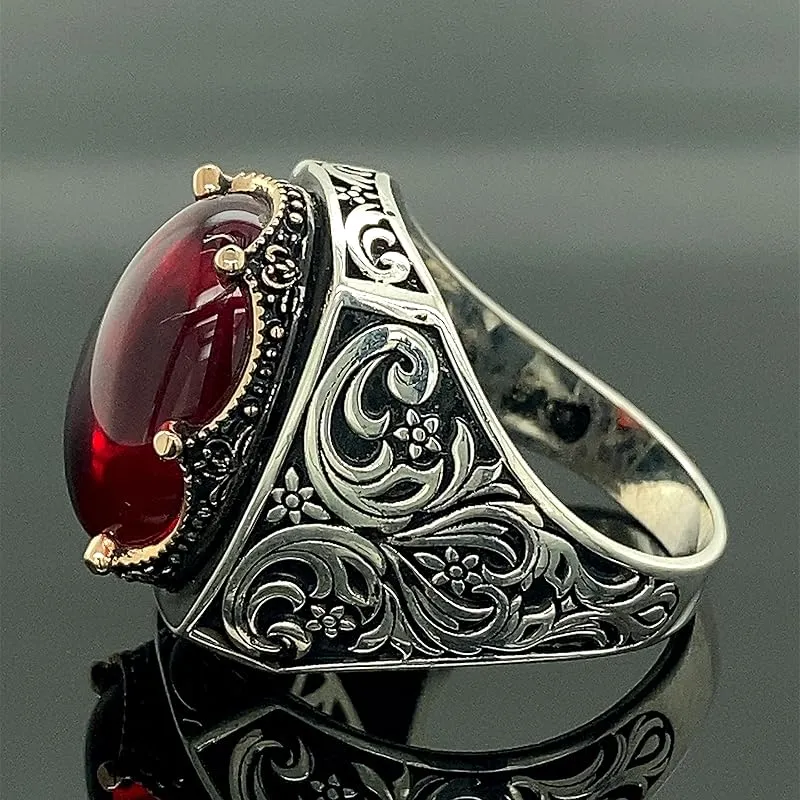 Men Handmade Ruby Stone Ring, Red Stone Ring, Ottoman Style Handmade Ring, 925k Sterling Silver Ring, Gift For Him