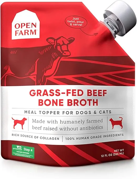 Open Farm Bone Broth, Food Topper for Both Dogs and Cats with Responsibly Sourced Meat and Superfoods Without Artificial Flavors or Preservatives, 12oz (Grass-Fed Beef)