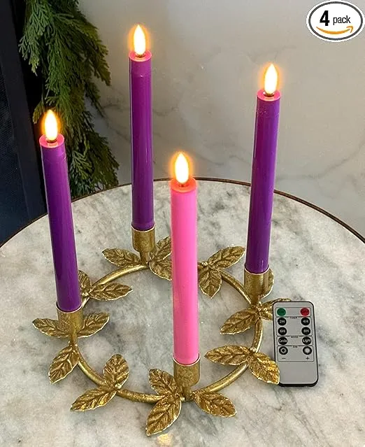 Flameless Advent Candle Set 4-Piece LED Advent Taper Candles Purple and Pink - Soft White Flickering Flame - Remote Control