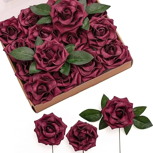 Ling's Moment Rose Artificial Flowers 16pcs Realistic Marsala Avalanche Roses with Stem for DIY Wedding Bouquets Centerpieces Floral Arrangements Decorations