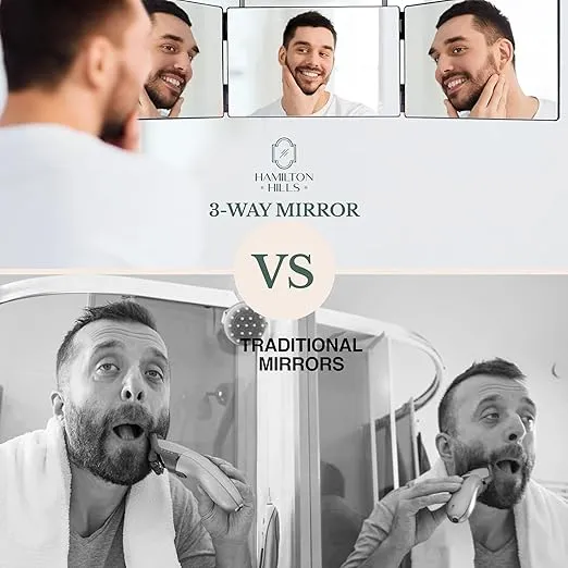 Hamilton Hills Adjustable Trifold Mirror - 360 Degree 3-Way Barber Mirror for Hanging or Wall Mounting - Triple-Section Mirror for Haircuts, Braiding, and Makeup - for Personal Grooming in Bathroom
