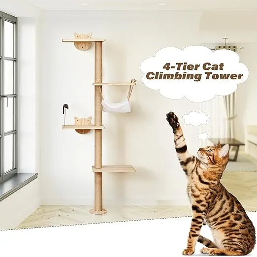 COZIWOW Wall-Mounted Cat Tree Cat Wall Shelves Cat Climbing Wall 4 Tier Tall Cat Tower Cat Wall Furniture for Indoor Cats Wood Cat Scratching Post with Hammock Hanging Toys