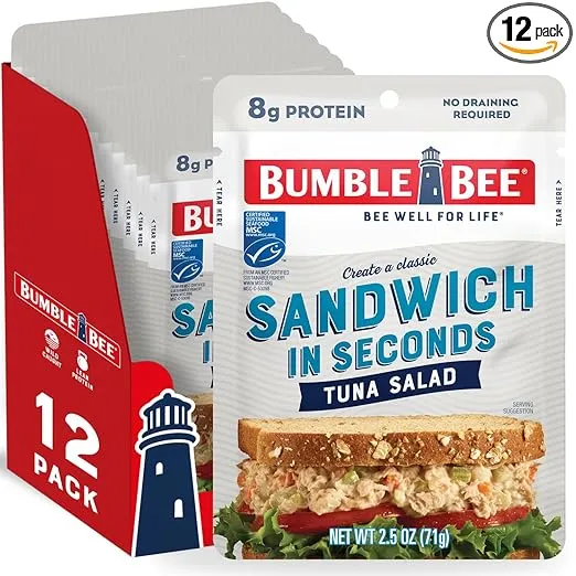 Bumble Bee Sandwich in Seconds Tuna Salad, 2.5 oz Pouches (Pack of 12) - Ready to Eat - Wild Caught Tuna Packet - 8g Protein per Serving - Gluten Free