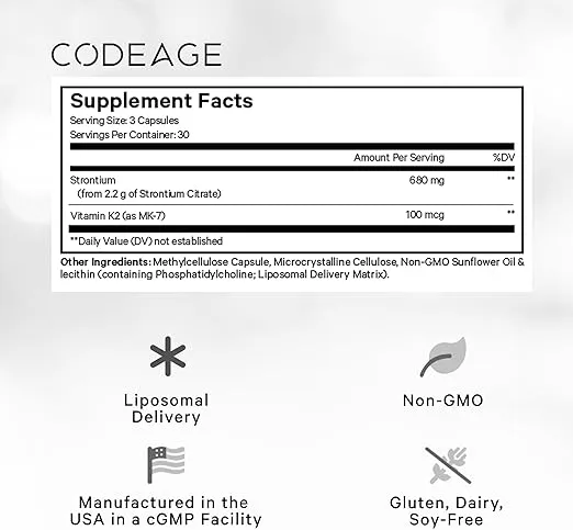 Codeage Liposomal Strontium Supplement - Strontium Citrate, Vitamin K2 MK-7, Liposomal Delivery, Non-GMO Mineral Strontium, Gluten-Free - 90 Capsules