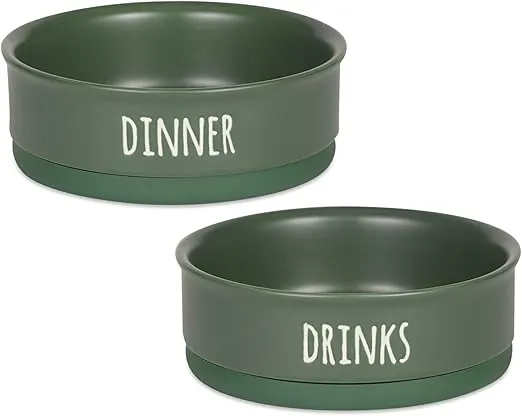 Bone Dry Ceramic Pet Bowls for Dogs & Cats Dishwasher & Microwave Safe, Non-Slip Bottom for Secure Feeding with Less Mess, Medium Set, 6x2, Hunter Green, 2 Count