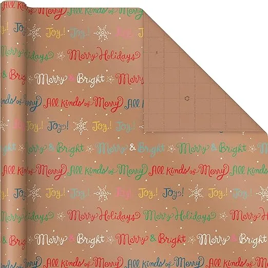 Hallmark Bright and Bold Christmas Kraft Wrapping Paper with Cut Lines on Reverse (3 Rolls: 90 sq. ft. ttl) Snowflakes, Pink Trees, "All Kinds of Merry"
