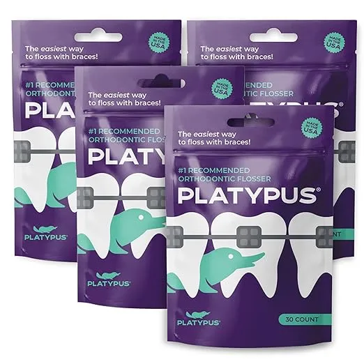 Platypus Orthodontic Flossers for Braces Unique Structure Fits Under Arch Wire, Floss Entire Mouth in Less Than Two Minutes, Increases Flossing Compliance - 30 Count Bag (Pack of 4)