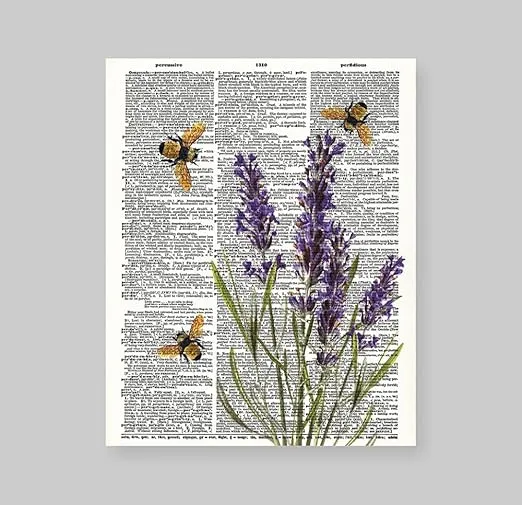 Susie Arts 8X10 Unframed Bees with Lavender flowers Upcycled Vintage Dictionary Art Print Book Art Print Home Decor Funny Prints V103