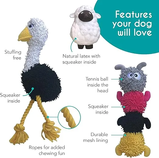 rocket & rex 3-Pack Dog Chew Toy Gift Set | Rope Toy, Rubber Squeaker Toy and Plush Toy with Ball | Puppies, Small to Medium Breeds | Safe & Non-Toxic | Dog Stocking Stuffer