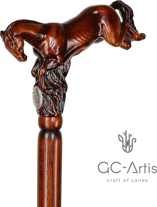 GC-Artis Horse Wood Carved Walking Stick Handle Wooden Walking Cane for Men and Women 36”