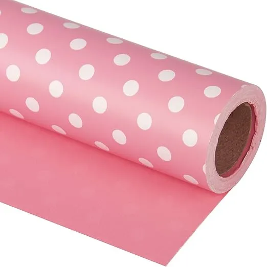 WRAPAHOLIC Reversible Wrapping Paper - Pink and Polka Dot Design for Birthday, Holiday, Wedding, Baby Shower Wrap - 30 inch x 33 feet