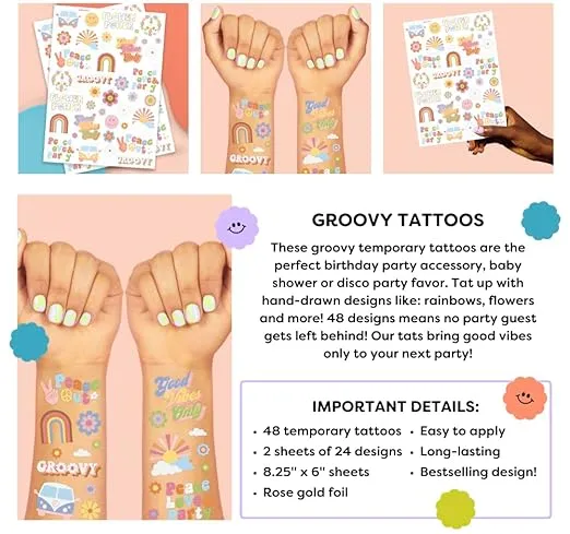 xo, Fetti Groovy 70s Temporary Tattoos - 48 Glitter Styles | Flower Power Birthday Party Supplies, Good Vibes Only Favors, Smiley, Rainbow Arts and Crafts
