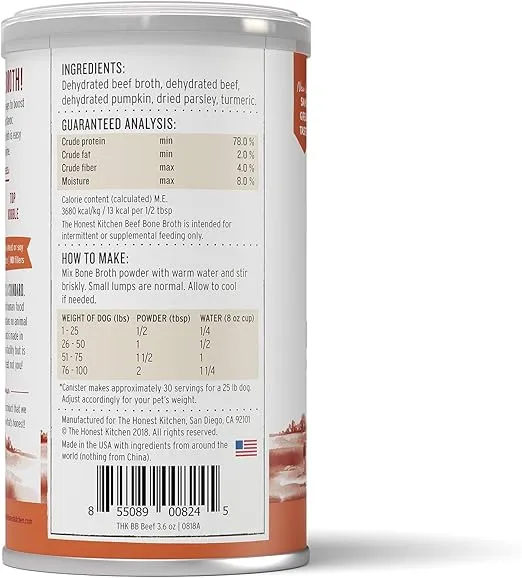 The Honest Kitchen Daily Boosts: Instant Beef Bone Broth Liquid Treat with Turmeric for Dogs and Cats, 3.6oz