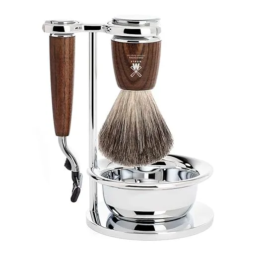 MÜHLE RYTMO Steamed Ash 4-Piece Pure Badger 3-Blade Razor Modern Luxury Wet Shaving Set - Perfect for Every Day Use, Barbershop Quality Close Smooth Shave