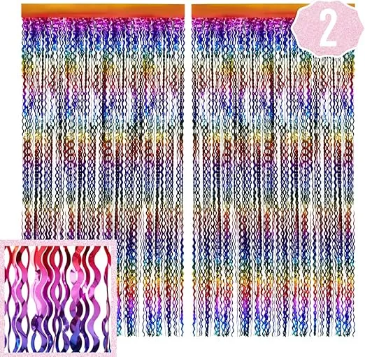 xo, Fetti Party Decorations Rainbow Wavy Fringe Foil Curtain - Set of 2 | Bachelorette, Pride, Backdrop, Birthday, Photo Booth