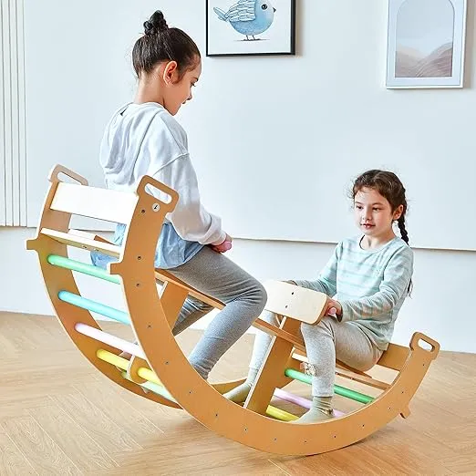 Avenlur Bailis Ultimate 3-in-1 Playset for Kids - Seesaw, Climbing Arch and Rocker - Waldorf and Montessori Climbing Toy for Children 2-6 Years - Toddler Climbing Toys (Natural)