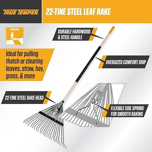 True Temper 20201001 Steel Tine Leaf Rake with Hardwood/Steel Handle, 22 Tines, Black