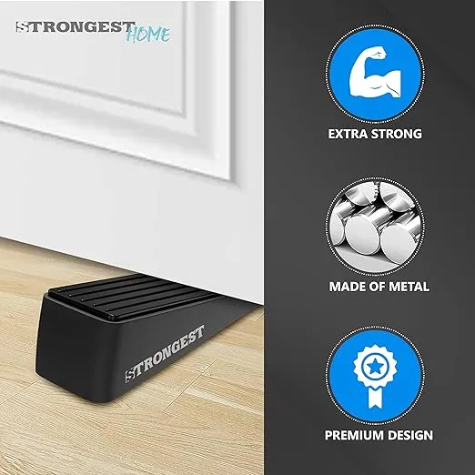 Strongest Home Door Stopper, Heavy Duty Door Stop Wedge Made of Premium Quality Zinc and Rubber Suits Any Door, Any Floor. Plus 2 Self Adhesive Wall Protectors (Black, 2 Pack)