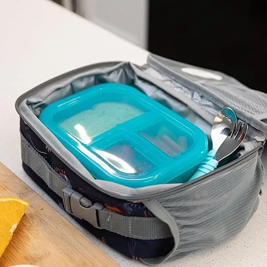Bumkins Snack/Lunch Bento Box for Kids and Adults, 3 Compartment Container, Leak Proof Lid, for Portioning, Large Section Can Hold Sandwich, Food-Safe LFGB Platinum Silicone, Microwave-Safe, Blue