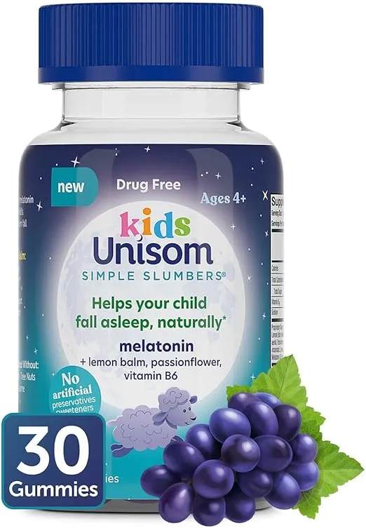 Unisom Simple Slumbers Kids Drug-Free Sleep Aid Gummies 30-Count, Melatonin 0.5mg, Grape