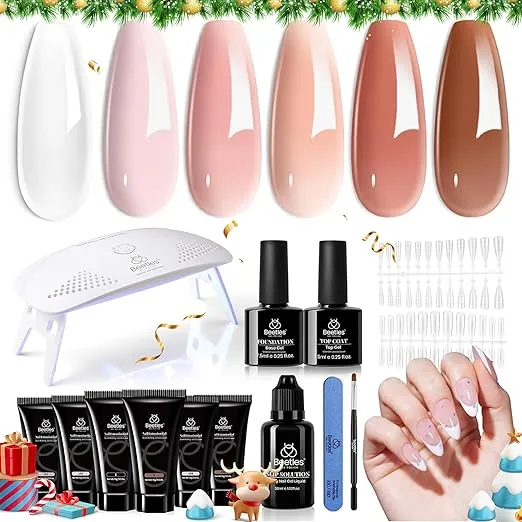 Beetles Poly Nail Gel Kit with Uv Light Starter Kit-6 Colors Clear Nude Brown Neutral Colors All In One Kit Poly Nail Extension Gel Set Builder Hybrid Jelly Gel with Base Top Coat Gift for Women