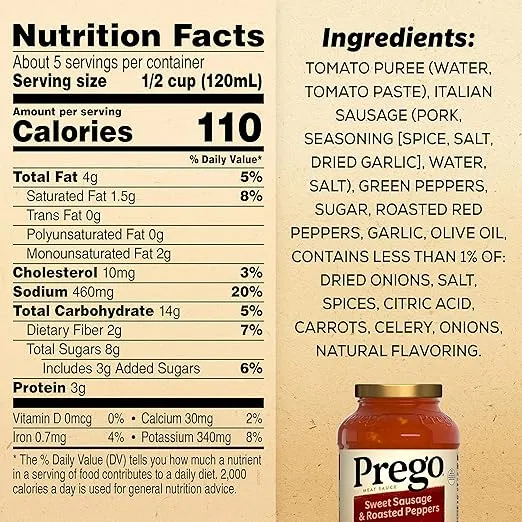 Prego Sweet Sausage and Roasted Peppers Pasta Sauce, 23.5 OZ Jar