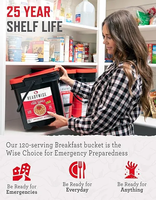 READYWISE - Breakfast Bucket, 120 Servings, Emergency, MRE Meal, Food Supply, Premade, Freeze Dried Survival Food for Hiking, Adventure & Camping Essentials, Individually Packaged, 25 Year Shelf Life