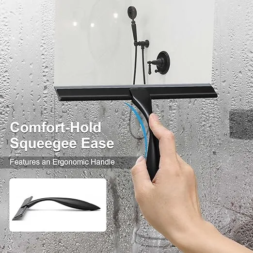 All-Purpose Shower Squeegee for Shower Doors, Bathroom, Window, Glass and Car Windshield, Includes Suction Hook & Adhesive Hook, 18/8 Stainless Steel, 10", Black