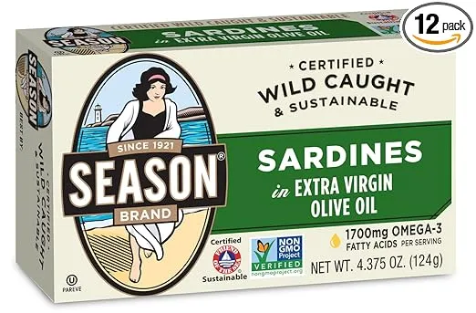 Season Sardines in Extra Virgin Olive Oil - Wild Caught, 22g of Protein, Keto Snacks, More Omega 3's Than Tuna, Kosher, High in Calcium, Canned Sardines - 4.37 Oz Tins, 12-Pack