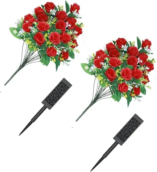 Lodou 2 Sets Artificial Cemetery Flowers,Artificial Cemetery Flowers with Vase,Memorial Flowers,Artificial Rose Bouquet Graveyard Memorial Flowers for Graveyard Headstones Decoration (Red)
