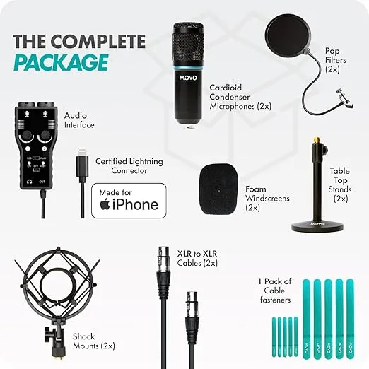 Movo iPhone Podcast Equipment Bundle - 2 Pack Condenser Microphones, 2 Desktop Mic Stands, 2 Pop Filters, 2-Channel XLR Interface with Lightning Output - Compatible with iPhone, iPad, iOS (Lightning)
