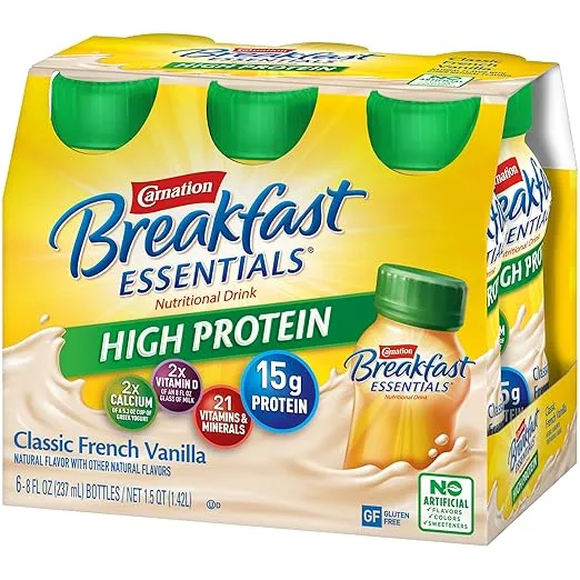 Carnation Breakfast Essentials High Protein Ready-to-Drink, Classic French Vanilla, 8 FL OZ Bottle (Pack of 6) (Packaging May Vary)