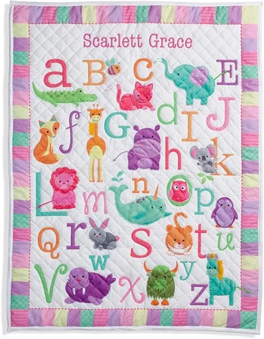 Personalized Planet Pastel Color Girl's ABC Quilt with Custom Name Embroidered in Hot Pink Thread on Rectangular Blanket with Alphabet Letters and Cartoon Animals, 31x40