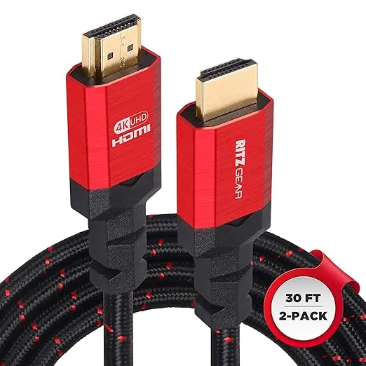 Ritz Gear 4K HDMI 2.0 Cable 30 ft. [2 Pack] 18 Gbps Ultra High Speed Braided Nylon Cord & Gold Connectors - 4K@60Hz/UHD/3D/2160p/1080p/ARC & Ethernet. Compatible with UHD TV/Monitor/PC/PS5/Xbox