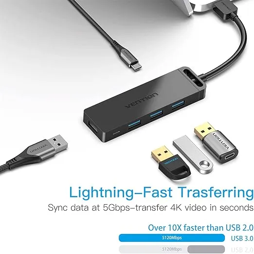 VENTION USB 3.0 Hub, 4 Ports USB Hub Ultra-Slim Data USB Hub 0.5FT Extended Cable [Charging Supported], Compatible with MacBook, Laptop, Surface Pro, PS4, PC, Flash Drive, Mobile HDD (0.15m/0.5ft)