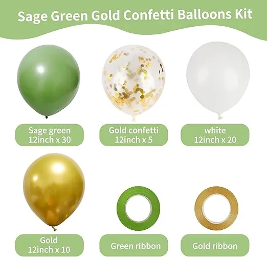 RUBFAC 65Pcs 12 Inches Sage Green Gold Confetti Balloons Kit, Green White Metallic Gold Party Balloons with Ribbons for Birthday, Wedding, Baby Shower, Graduation, Eucalyptus Party Decorations