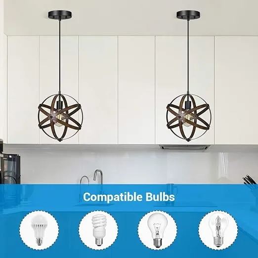 DEWENWILS Farmhouse Pendant Light, Hanging Light Fixtures Ceiling Mount, Industrial Globe Wood Grain Paint, with Adjustable 6.6FT Rod, for Kitchen Island, Entryway, Living Room, Stairway