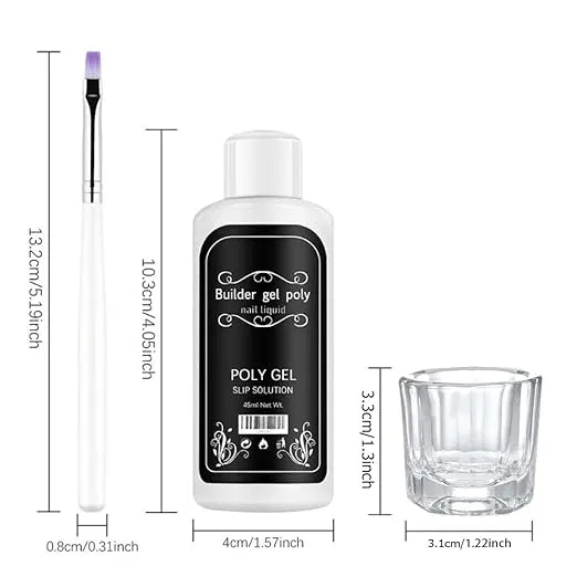 Slip Solution Poly Gel, Quick Poly Slip Solution Nail Gel Extension Gel Liquid Solution, Nail Gel Builder Liquid for Nail Art DIY Nail, Contains a Brush and a Cup - 45ml