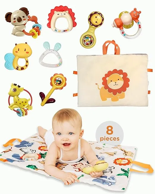 Move2Play, 8 Piece Baby Rattle and Tummy Time Mat Set | Rattle and Silicone Teething Toys | Baby Toys 3-6 Months | 3, 4, 5, 6 Month Old Must Have | Infant Gifts for Boys and Girls