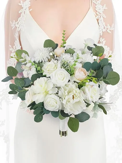 Rinlong 16.5 Inch Wedding Bouquets for Bride White Sage Green Bridal Bouquet for Wedding Artificial Flowers Real Touch Silk Bouquet Wedding Ceremony