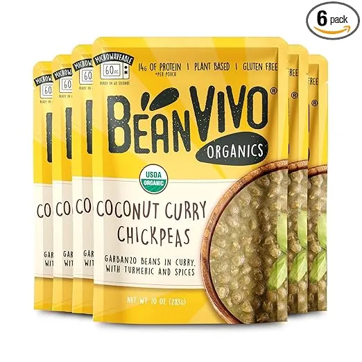 BeanVIVO (Pack of 6) Organics Plant based Coconut Curry Chickpeas - Good Source of Fiber - Nutritious & Microwave Meals - Gluten-Free Plant Food - 10 oz